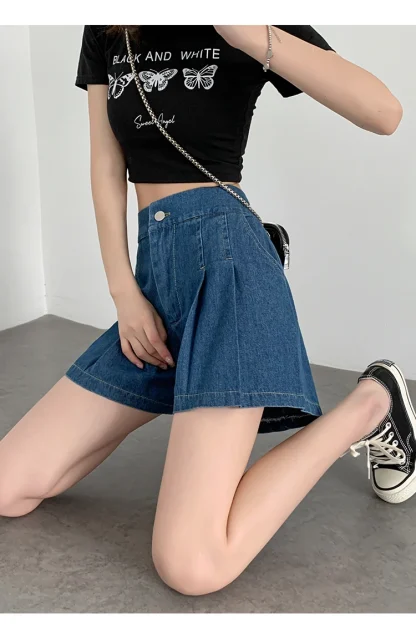 Large Size Pleated Mini Denim Skort - Image 7